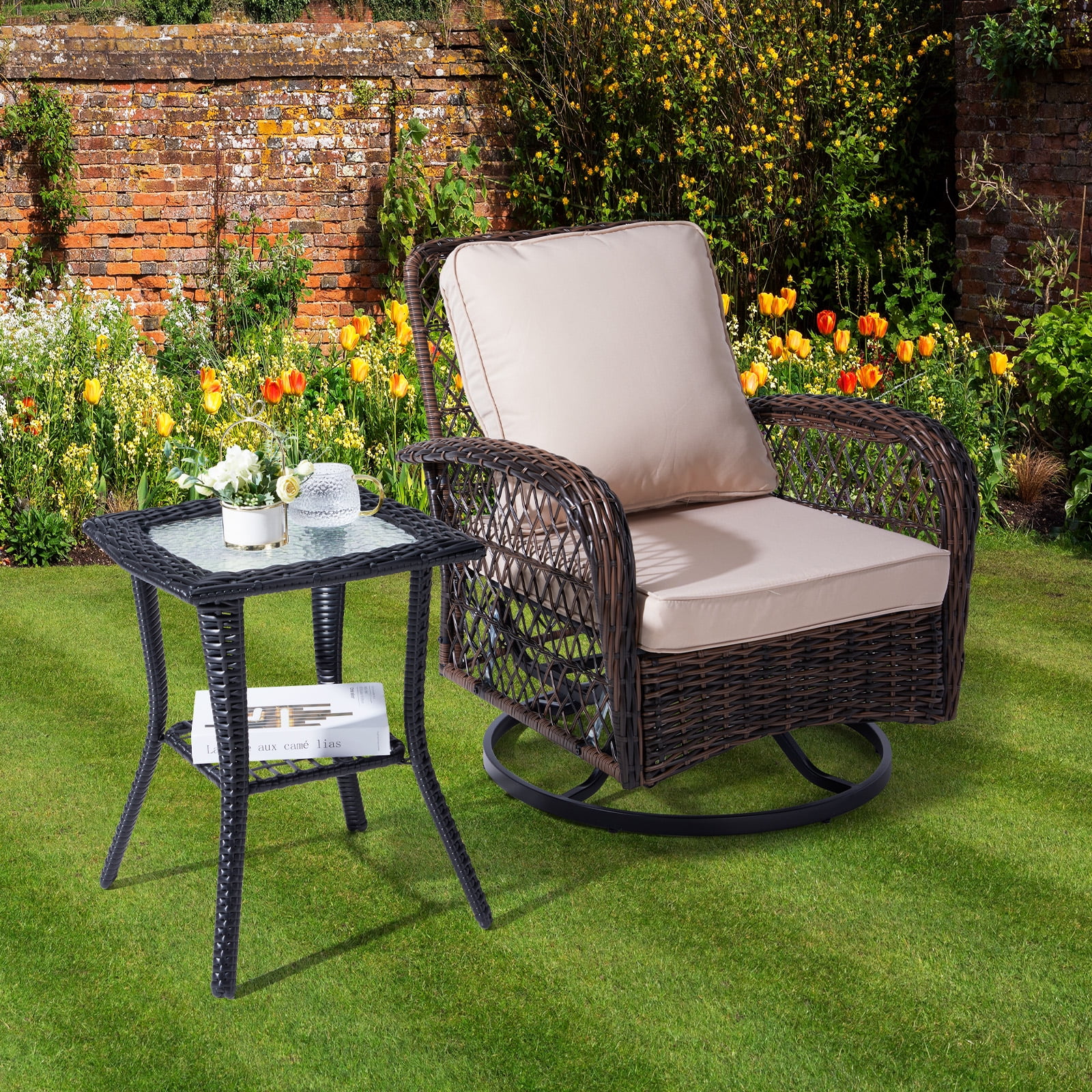 Wicker Side Table with Glass Table Top, Square PE Rattan Outdoor End Table for Patio, Garden, Poolside, Deck w/UV-Resistant Frame, Storage Space, Black