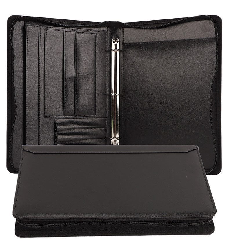 A4 Zipper Binder with Multi-Pocket Organizer, Leather Briefcase for iPad, Memo, Notebook, Pens, Documents, Perfect Gift for Office Business Professionals，Black