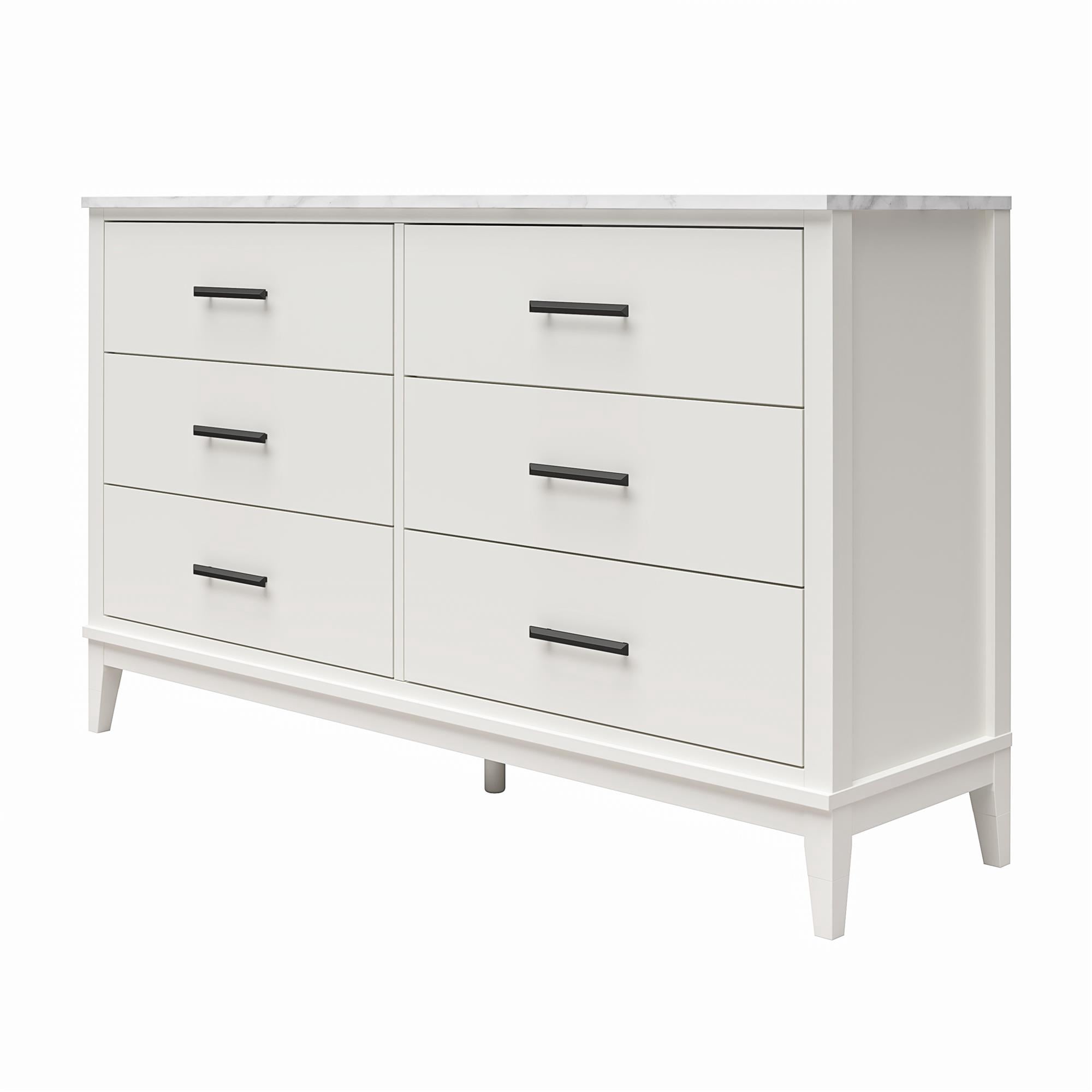 Ameriwood Home Amberleigh Wide 6 Drawer Dresser, White w/ White Faux Marble Top