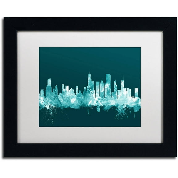 Trademark Fine Art "Chicago Illinois Skyline Teal" Canvas Art by Michael Tompsett, White Matte, Black Frame