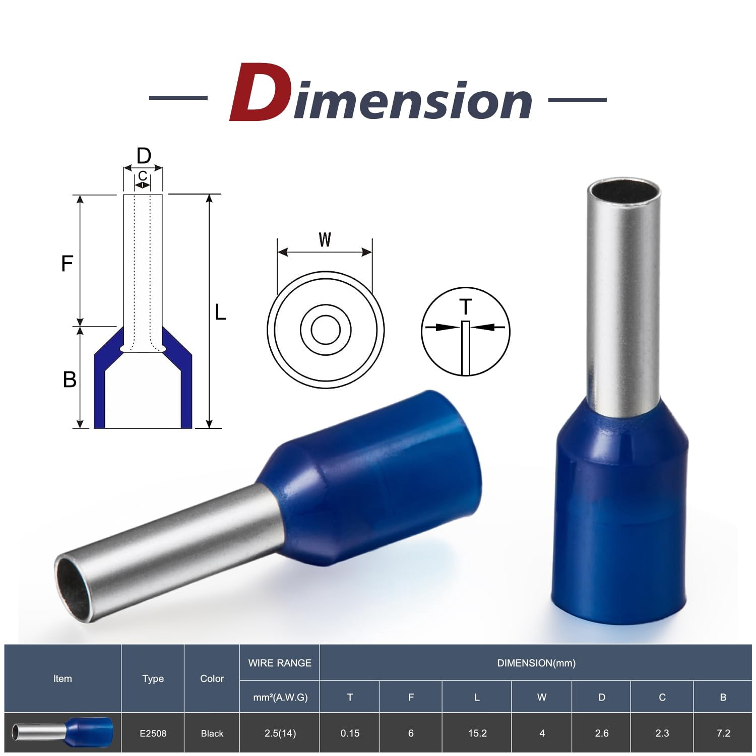 100 wire terminal connectors 14 (2.5²) wire 2508 terminal pure copper color blue insulation