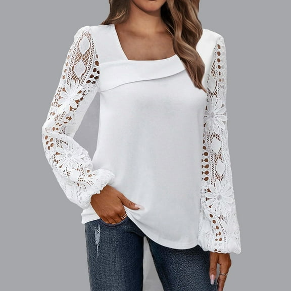 Sakmal Women's Lace Shirts Sexy White Long Sleeve Shirts Square Neckline Blouses Summer Tops for Women