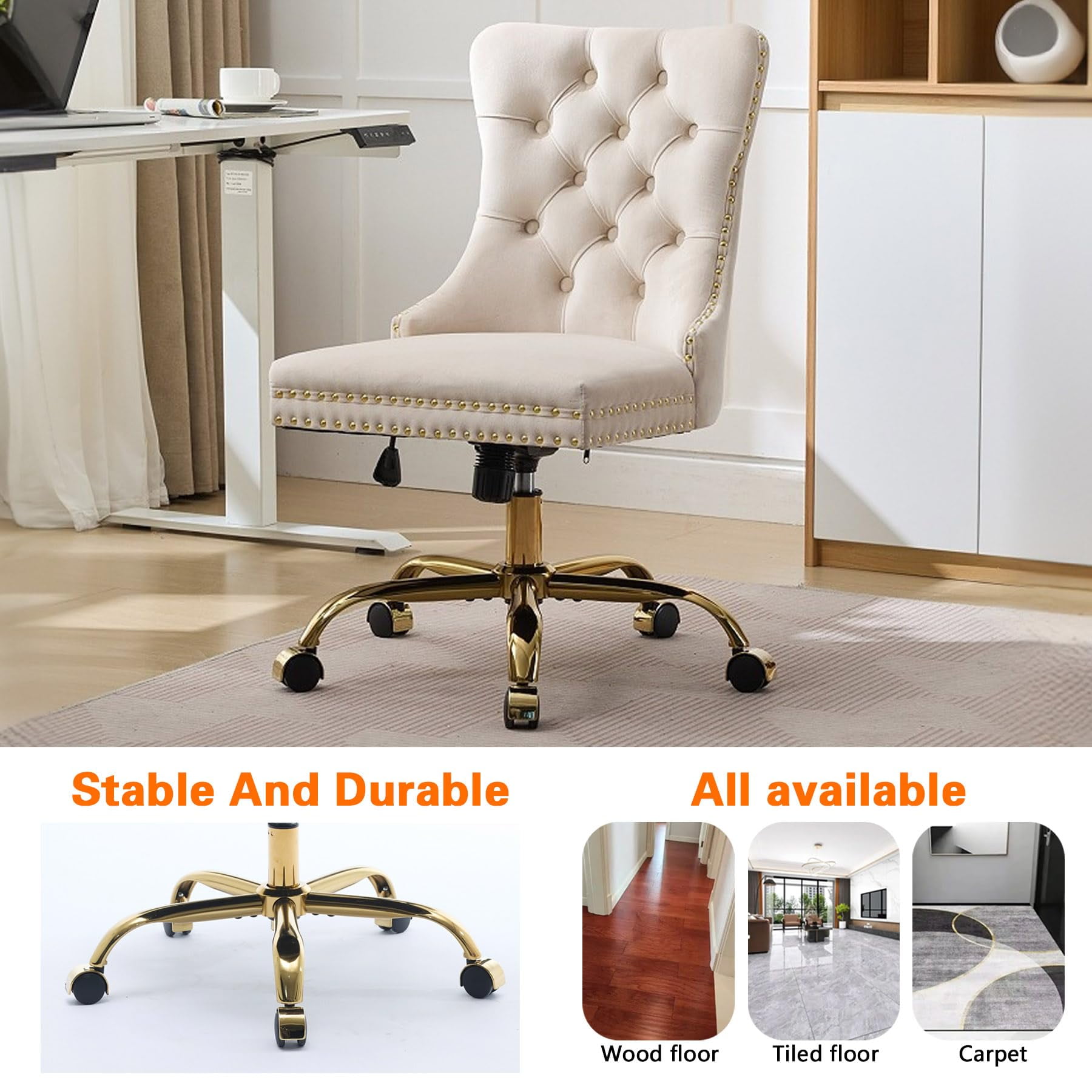 Pawverly Velvet Upholstered Office Chair, Tufted Button Swivel Desk Chair with Adjustable Height, Gold Metal Base & Wheels, Modern Vanity Chair, Beige