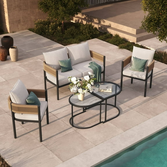GRANDPATIO Woven Wicker 5-Piece Steel Outdoor Conversation Sets with Cushion, Khaki Wicker & Beige Cushion