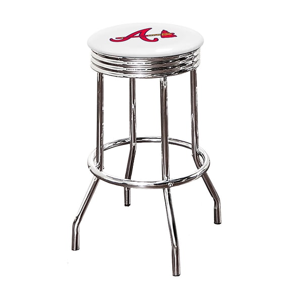 The Furniture King Bar Stool 24" or 29" Tall Backless Chrome Metal Stool Featuring Your Favorite Baseball Team Logo on a Colored Vinyl Swivel Seat Cushion - Braves on White