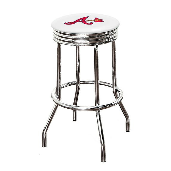 The Furniture King Bar Stool 24" or 29" Tall Backless Chrome Metal Stool Featuring Your Favorite Baseball Team Logo on a Colored Vinyl Swivel Seat Cushion - Braves on White