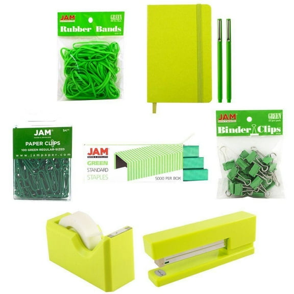 JAM Complete Desk Kit, Green, 8/Pack, Stapler, Tape Dispenser, Staples, Journal, Pens, Rubber Bands, Paper Clips & Binder Clips