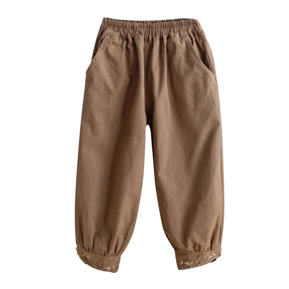 Odeerbi 3-12 Years Kids Boys Girls Floral Embroidered Cotton Pants Mid Waist Loose Long Pants with Pocket