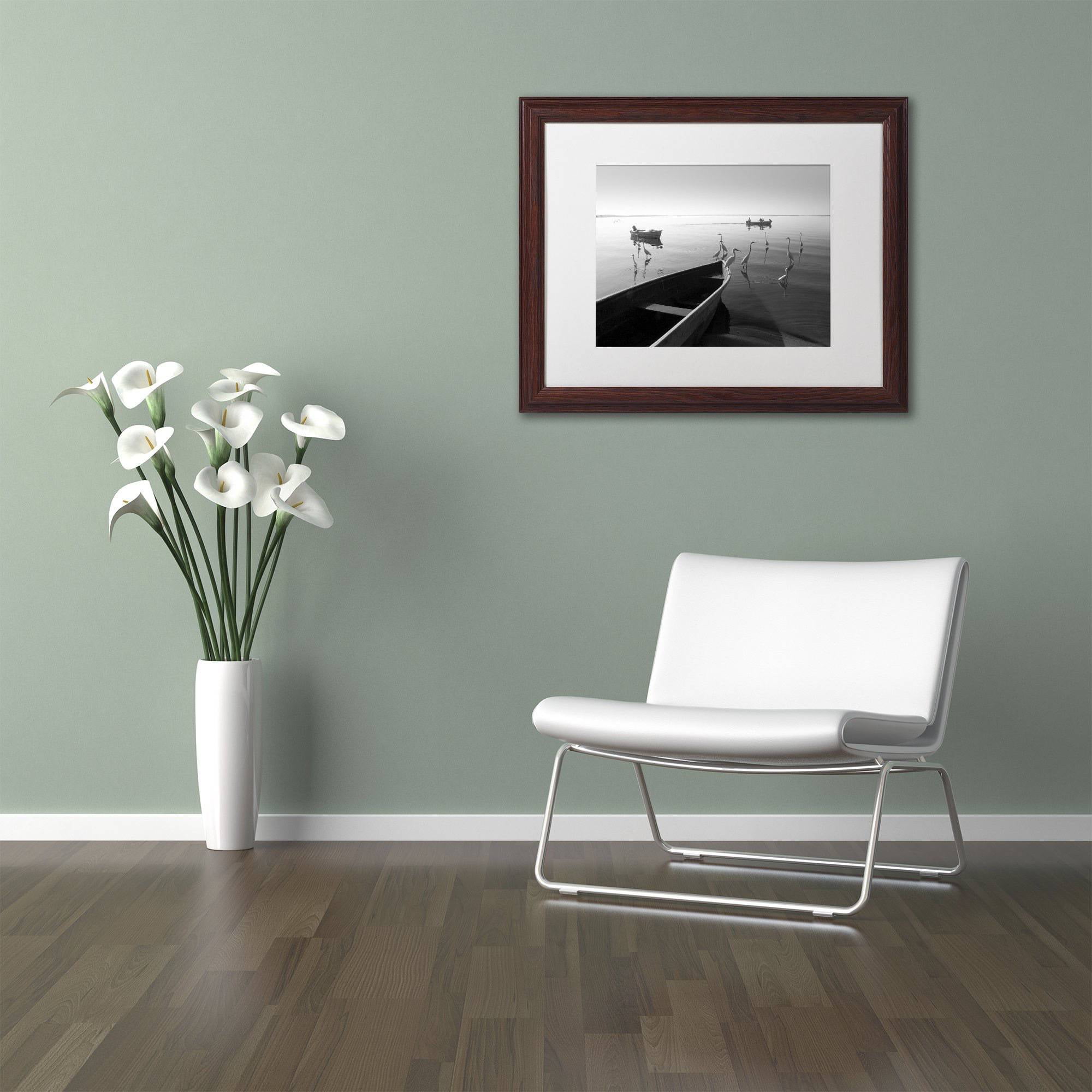 Trademark Fine Art "Herons and 3 Boats" Canvas Art by Moises Levy White Matte, Wood Frame