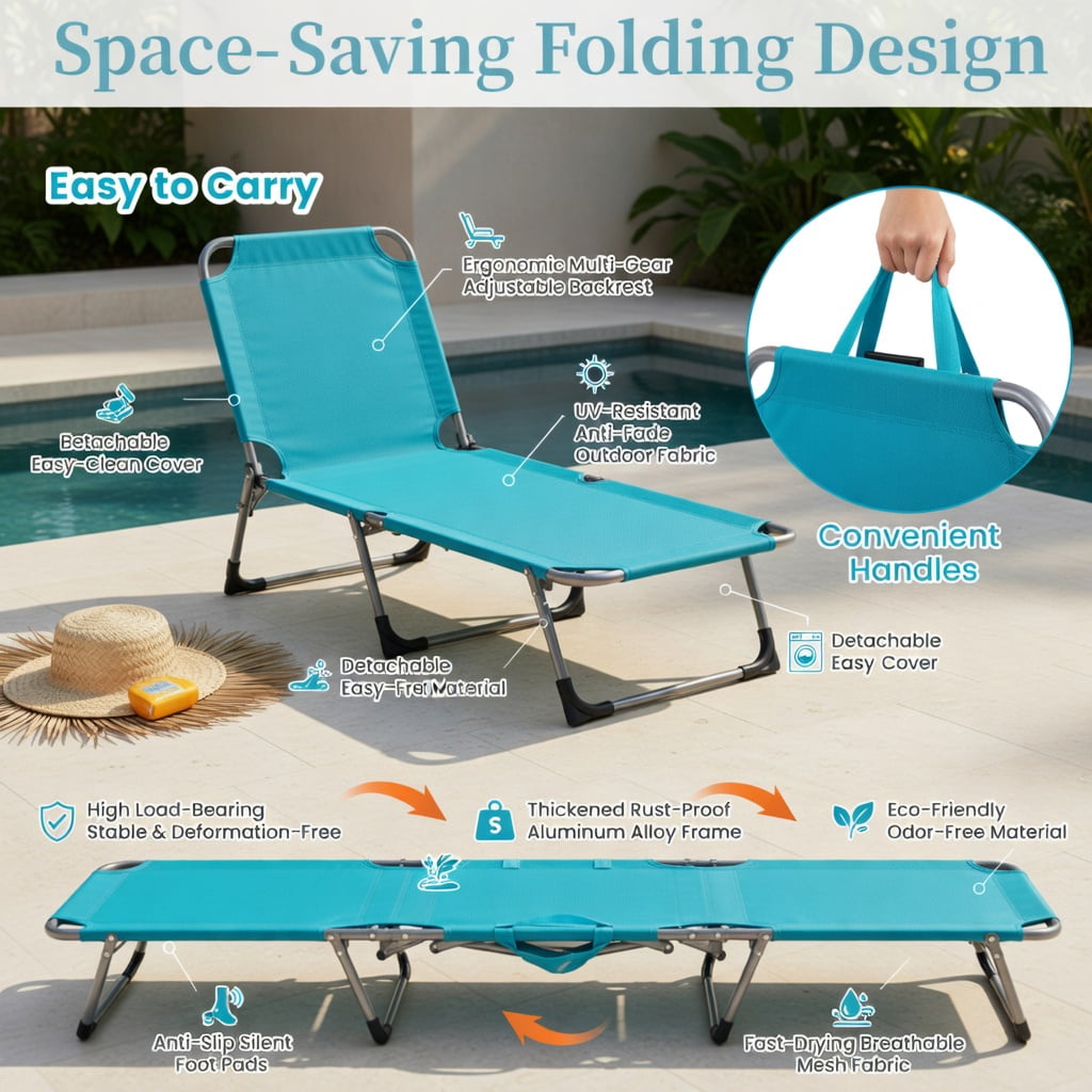 Hommoo Foldable Tanning Chair with Face & Arm Holes, Oxford Fabric Sun Lounger for Beach, Pool, Patio, Turquoise