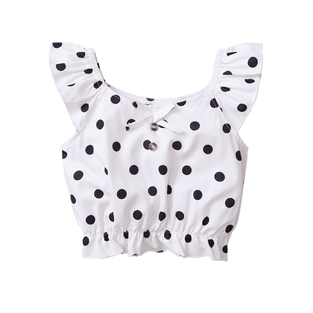 

2T Kid Girls Summer Top Toddler Girls Fly Ruffled Sleeve Dot Prints Top 3T Toddler Girls Sleeveless Top White