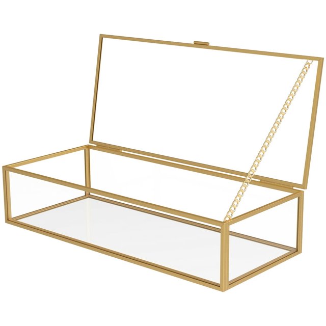 Glass Jewelry Box Decorative Vintage Jewelry Organizer Box with Hinged Lid and Mirrored Bottom Golden Rectangular Desktop Jewelry Organizer Holder Large Clear Glass Box for Storage Makeup