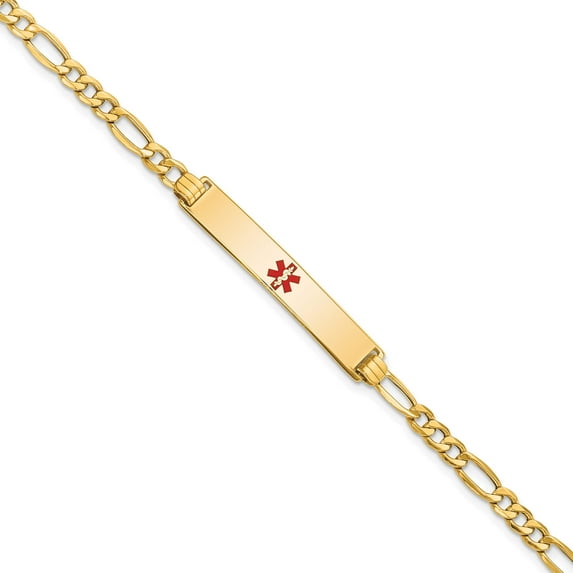 14K Yellow Gold Semi-Solid Medical Polished Red Enamel Figaro Id Bracelet (8 X 6.5) Made In United States xm563cr-8