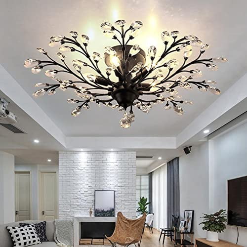 Crystal Branches Chandeliers 5 Light, Black Vintage Ceiling Light Fixtures Flush Mount Modern LED Pendant Lighting for Kitchen Bedroom Living Room Dining Room Hallway, E12 Bulb, 30