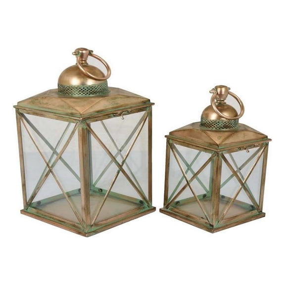 Benjara 20" Decorative Lantern Set of 2- Glass Panel- Cross Metal Frame- Gold
