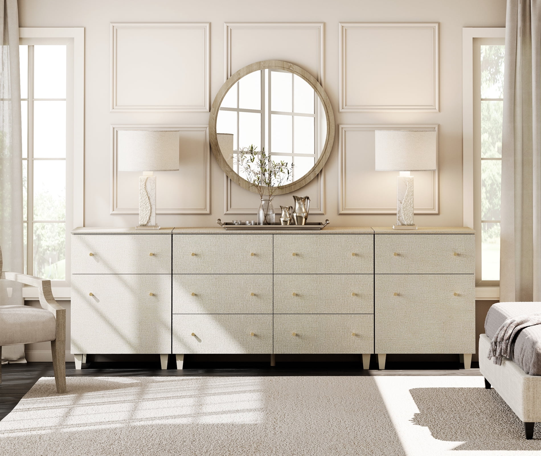WAMPAT 8 Drawers Dresser with 2 Cabinets for Bedroom, 3-in-1 Modern Wooden Chest of Drawers, 94" Wide, Beige Linen Printed Finish