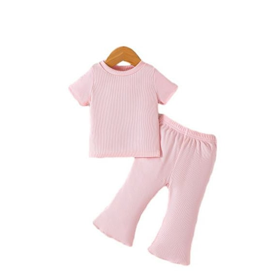 Mikrdoo Toddler Baby Girls Essentials Solid Color Short Sleeve Tops & Flare Pants 2Pcs Casual Cute Clothing From 6m-3y Pink