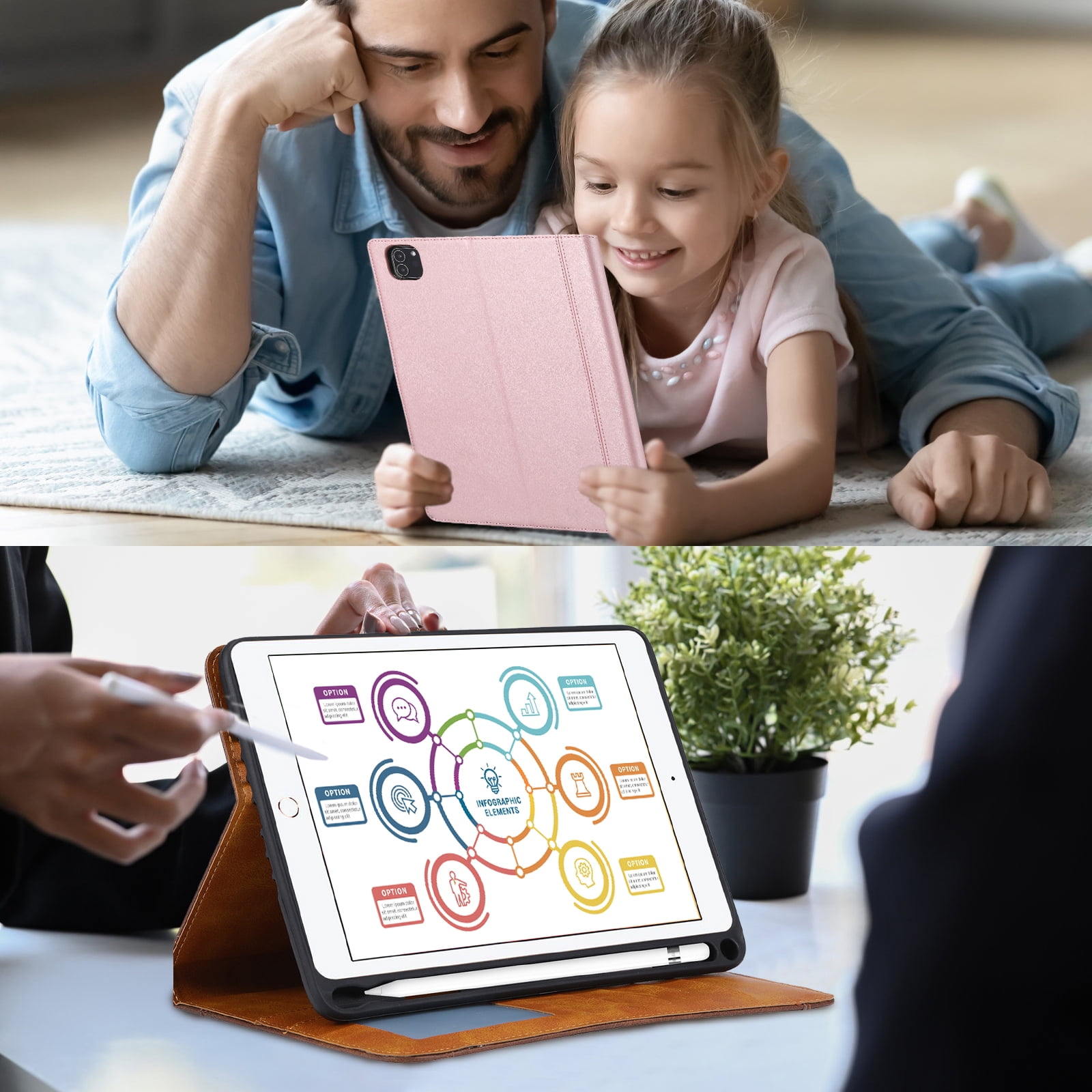 Flip Case for Apple iPad Air 11" 2025 2024/Pro 11 2022/2021/2020/2018/ iPad Air 5th 4th Gen 10.9", Pencil Holder Smart Cover Auto Sleep Wake Protective Documents Pocket Stand Snap Closure,Rosegold