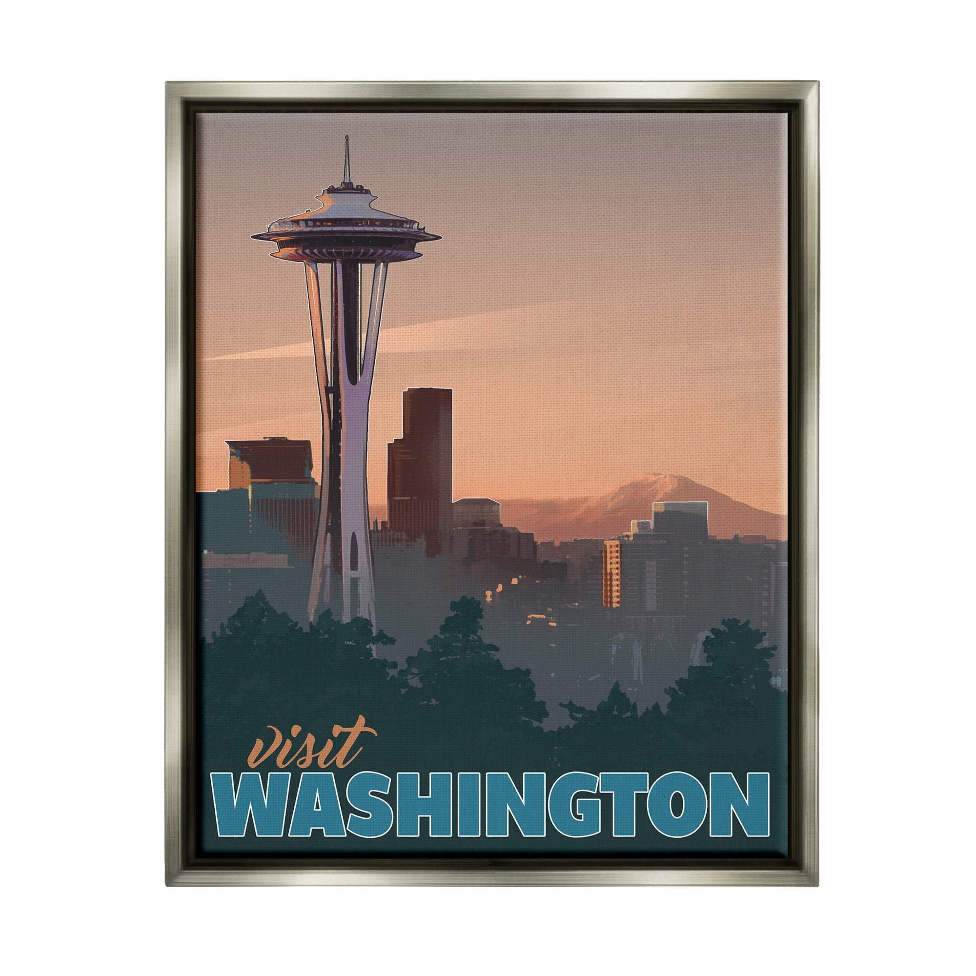 Stupell Industries Visit Washington Urban Metropolis Space Needle Landmark Graphic Art Luster Gray Floating Framed Canvas Print Wall Art, Design by David Owens Illustration