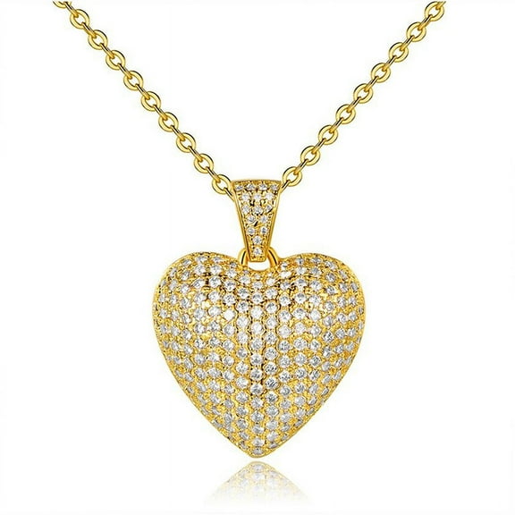 Cubic Zirconia Heart Charm Pendant Necklace For Women 14k White Gold Plated Cute Dainty Sparkly CZ Crystal Puffed Love Heart Choker Adjustable Chain Exquisite Jewelry Gift Valentine's Day Anniversary