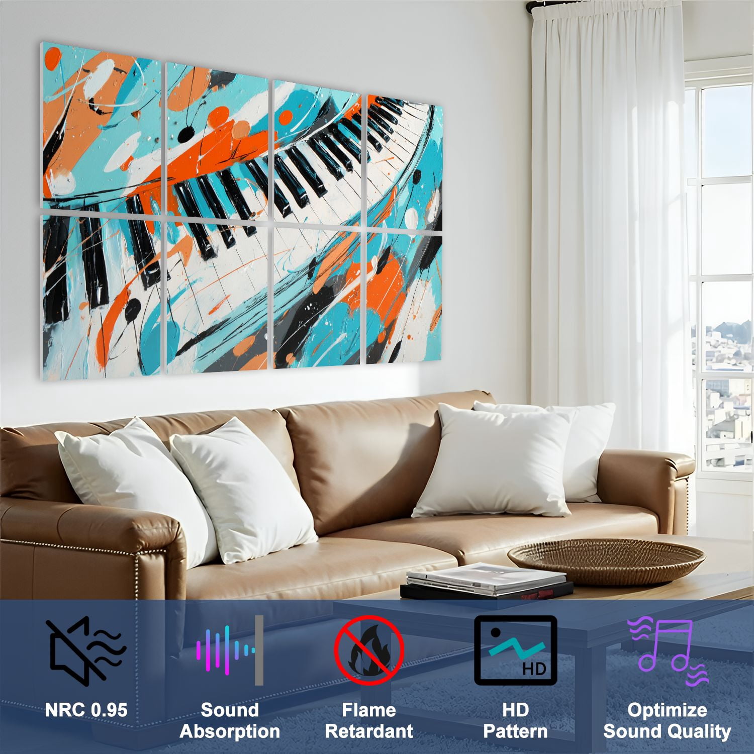 8 Pack Art Acoustic Panels Sound Absorbing Abstract Piano Keyboard Musical Notes Splash Graffiti Curved Piano Decorative Soundproof Wall Panels Self Adhesive for Nursery Game Room Bedroom 48"x32"