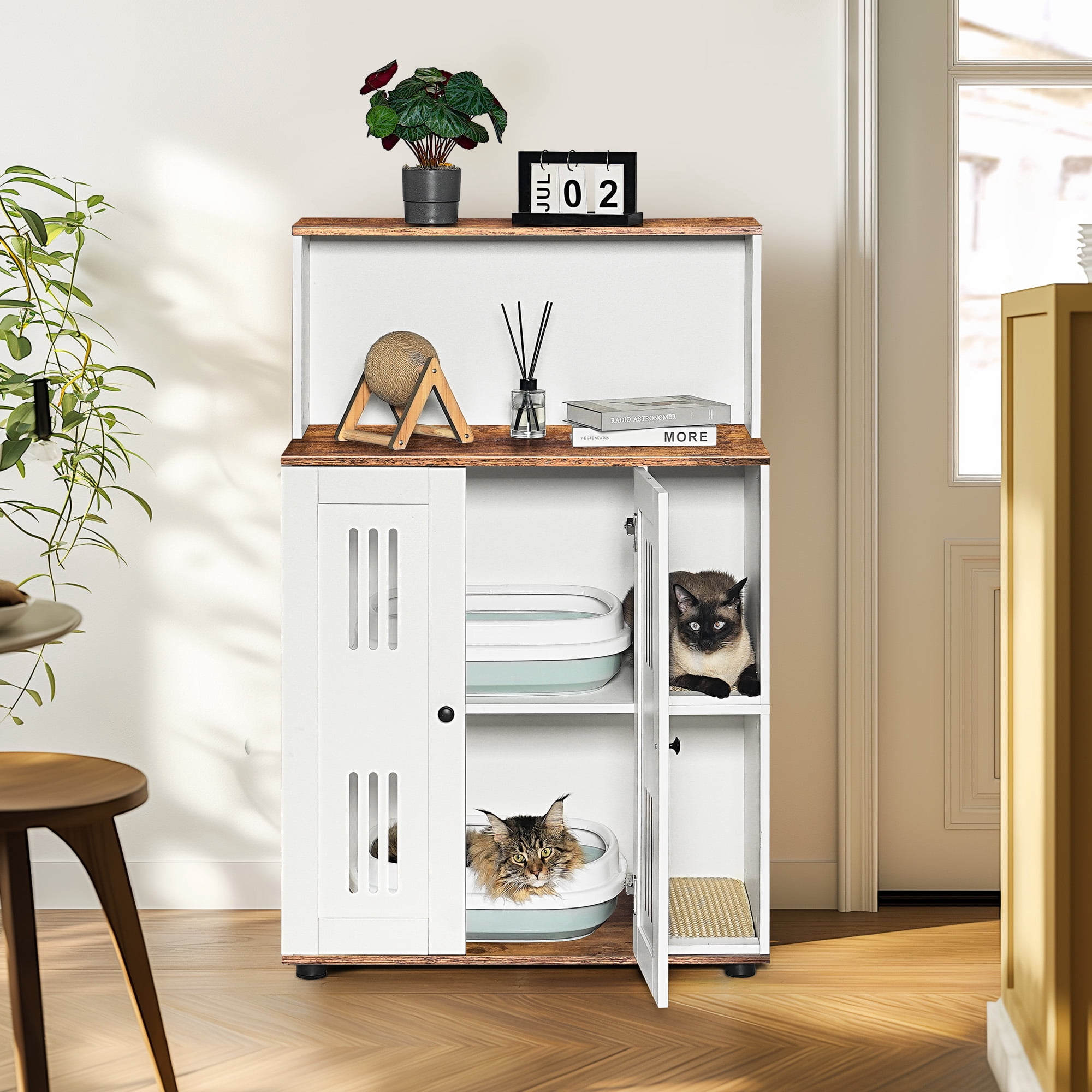 2-Tier Double Cat Litter Box Enclosure Cabinet, Hidden Enclosed Cat Washroom Furniture with Side Openings and Storage Shelf, End Table Cover for 2 Cats, White Walnut