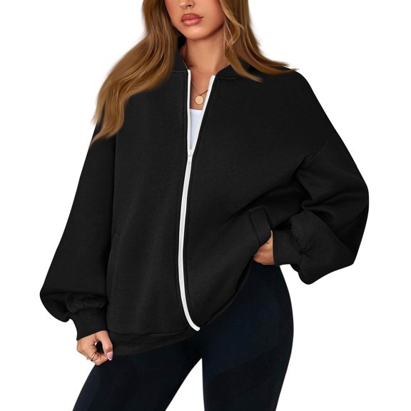 Women's Zip Up Sweatshirts No Hood Long Sleeve Solid Sweatshirts Casual Spring Fall Lightweight Oversized Bomber Jackets, L
