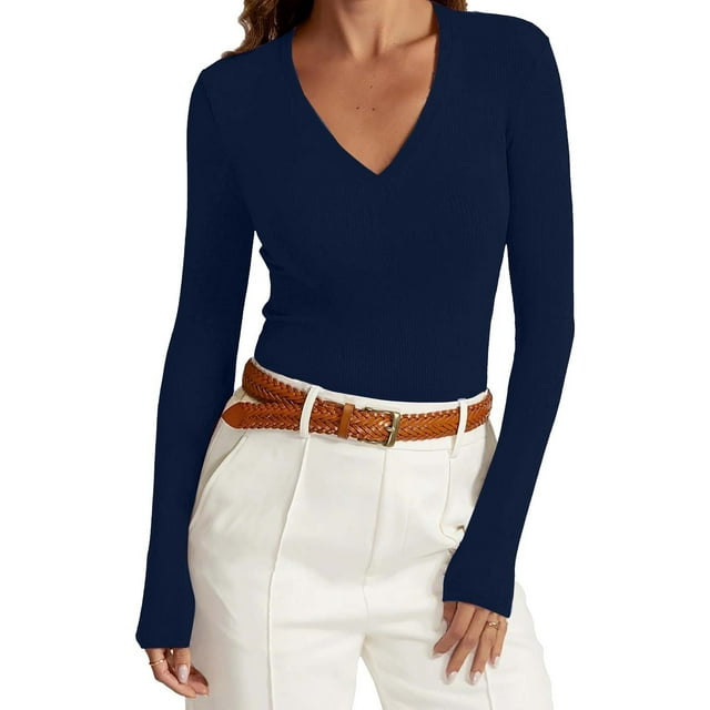 Women Workout Tops, Comfortable Solid Color Tight with V-Neck and Long Sleeves