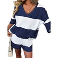 thumbnail image 4 of Women'S Two Piece Sets Summer Lounge Sets Striped Shirts and Shorts Set Oversized Matching Outfit Navy Blue & White M, 4 of 9