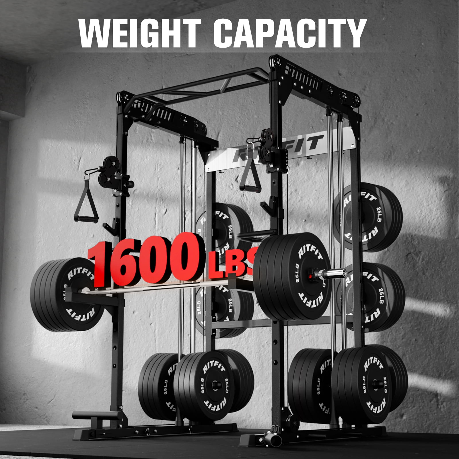RitFit M1-C Power Cage with Cable Crossover System, 1600 LBS Capacity Squat Rack with Pull-up Bar, LAT Pulldown and Weight Storage, for Garage Workout & Home Gym