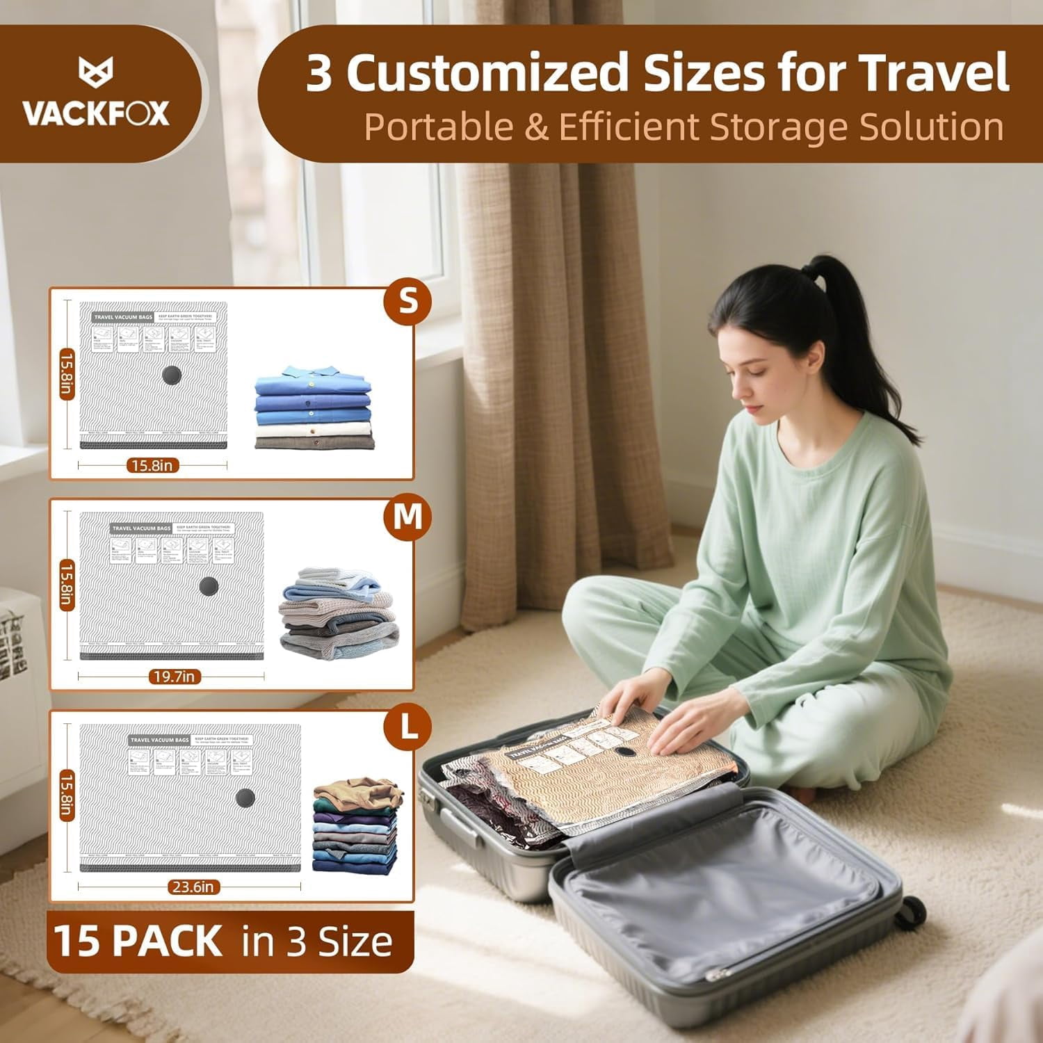 15 Pack Vacuum Compression Bags for Travel, Carry-on Size Seal Packing Cubes Luggage,Vacuum Storage Bags, Space Saver Clothes 80% Travel & Home(No pump)