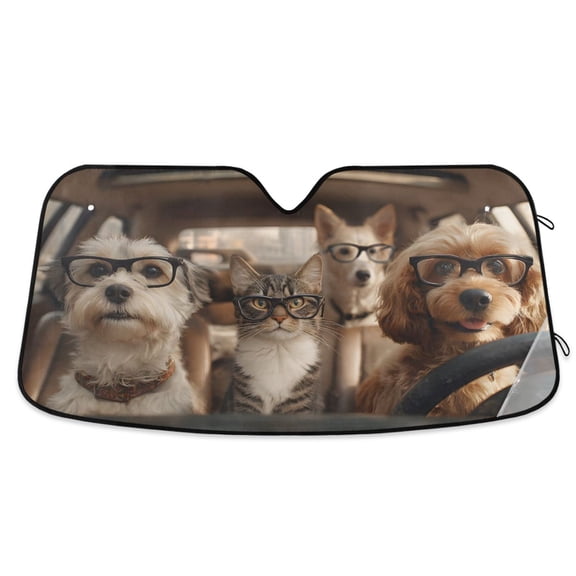 Cute Dogs and Cat Driving Windshield Sun Shade Automobile Visor Accordion Folding Car Accessories S