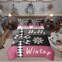 Manfei Buffalo Bowknot Twin Bedding Sets 7-Piece for Girls, Winter Snowflake Print Bedding Comforter Set, Merry Christmas Reversible Sheet Sets, Ultra Soft Home Decor