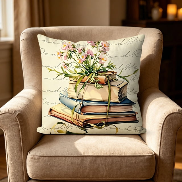 Linnome Letter Floral Book Pillow Cover 18x18 Inch Soft Breathable Decorative Cushion for Book Nook Reading Corner