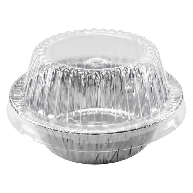 Molde desechable de aluminio extra profundo para pastel de carne de 5 3/4" con tapa transparente a presión - Moldes redondos aptos para horno (paquete de 25)