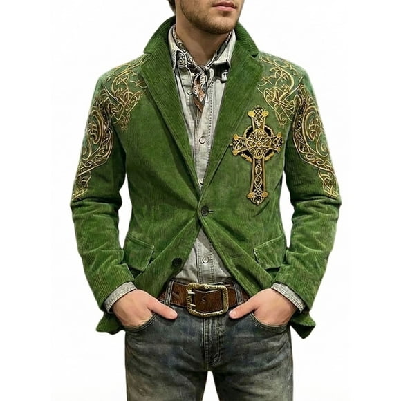 Corduroy Casual Jacket For St. Patrick'S Day Style Breasted Slim Fit Coat Men'S Blazers & Suit Jackets Green L