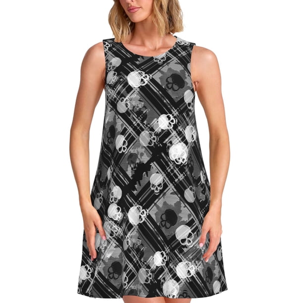 Fotbe Seamless Pattern With Skulls Vestido de Verano sin Mangas para Mujer – Vestido Midi Línea A, Estilo Camiseta Floral, Vestido Playero Casual y Fluido