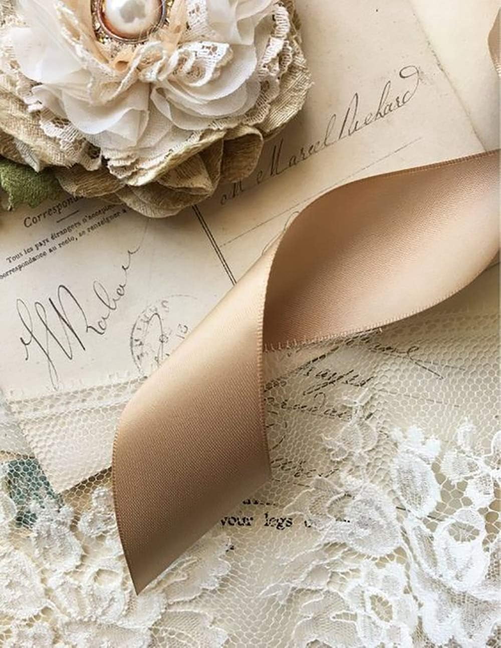 Double Face Satin Ribbon, Double Sided Solid Polyester Ribbon for Gift Wrapping, Party, Hair Braids, Bow, Decoration, Floral Arrangement, Craft Supplies, Tan