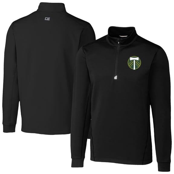 Men's-Cutter & Buck Black Portland Timbers Traverse Stretch Eco Quarter-Zip Pullover Top