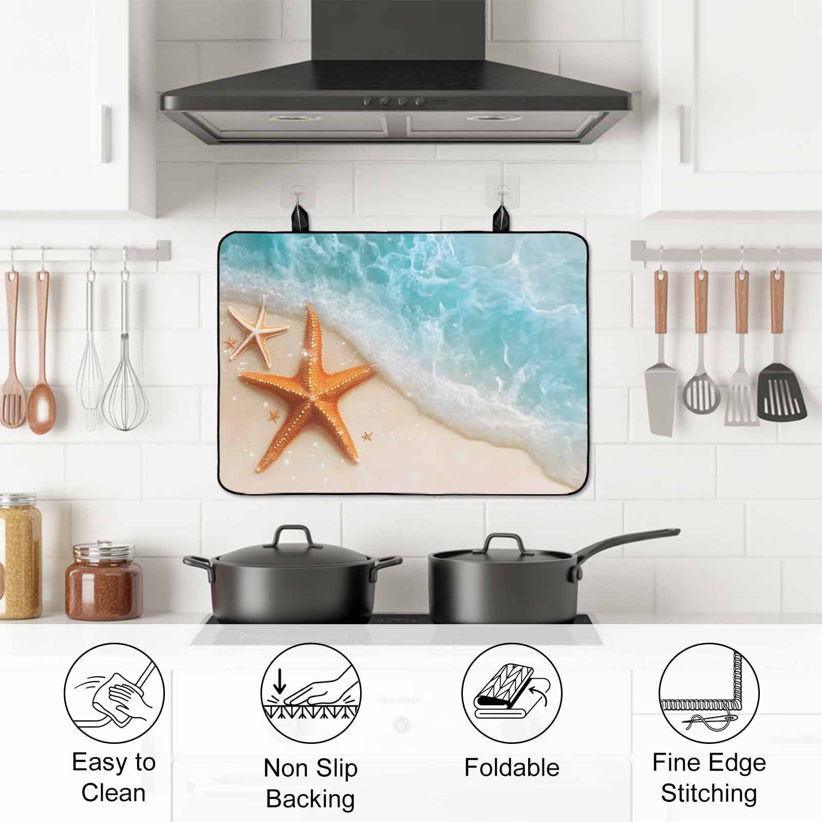 Coastal Starfish Stove Top Cover for Electric Stove, Heat-proof & Non Slip Glass Top Stove Cover Protector, Simple Summer Nautical Ocean Beach Kitchen Flat Cooktop Rubber Mat 24x21 Inches