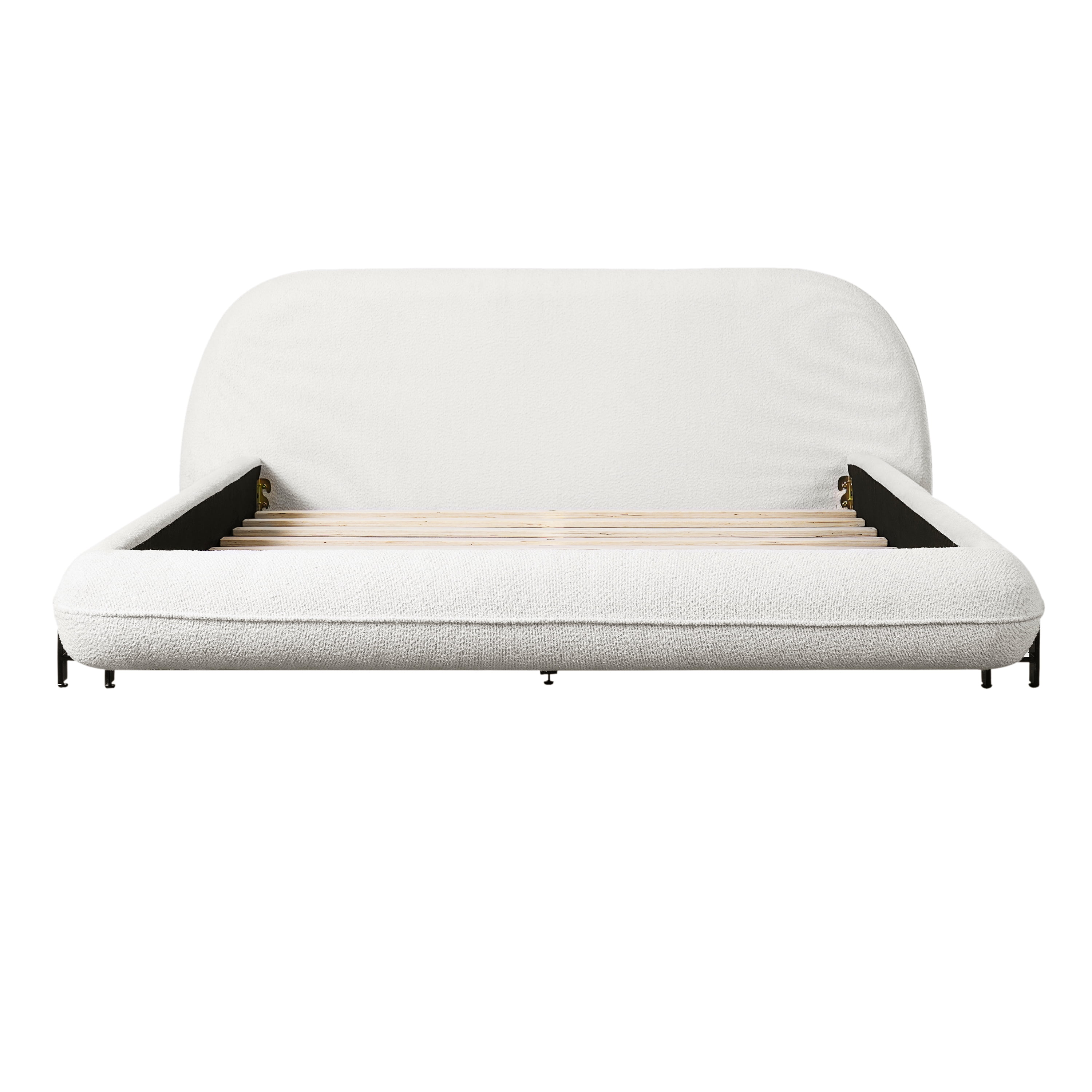 Queen Size Upholstered Bed Frame with Soft Boucle Fabric & Steel Legs, Thick Padded Headboard Platform Bed for Bedroom, White