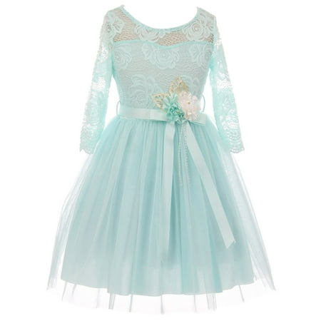 Little Girls Long Sleeve Girls Dress Floral Lace Blushs Corsage Christmas Flower Girl Dress Aqua 4 (J20KS98)