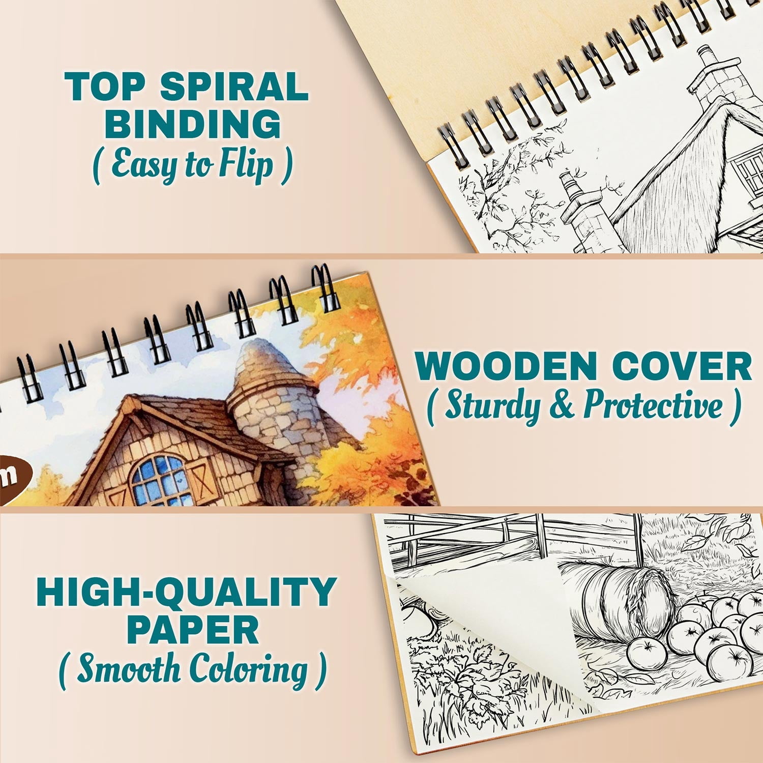 Netecom Country Coloring Book Spiral Bound for Adults, A5 Wooden Cover, 30 Rustic Coloring Pages of Beautiful Country for Stress Relief and Relaxation