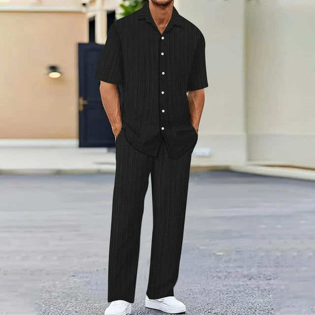 Styesk Mens Outfits 2 Piece Summer Men's Casual Fashion Solid Color Short Sleeved Lapel Drawstring Elastic Waist Set