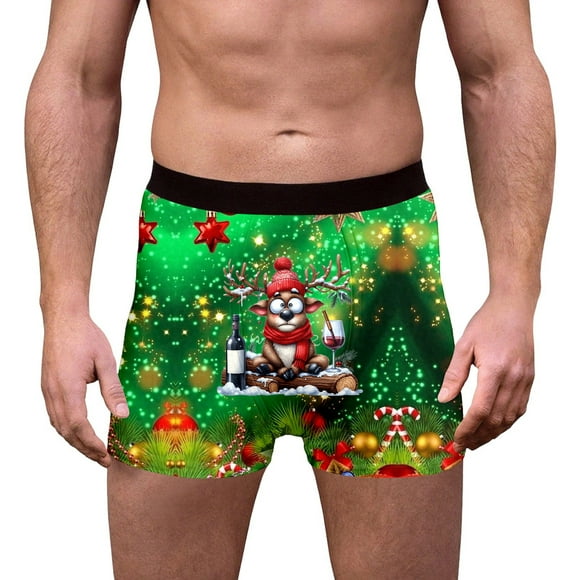 Adult Mens Underwear Longer Briefs Mens Color Underwear Muffler N2n Briefs Festive Reindeer Print Soft Breathable Comfortable Elastic Waistband Holiday For Green L