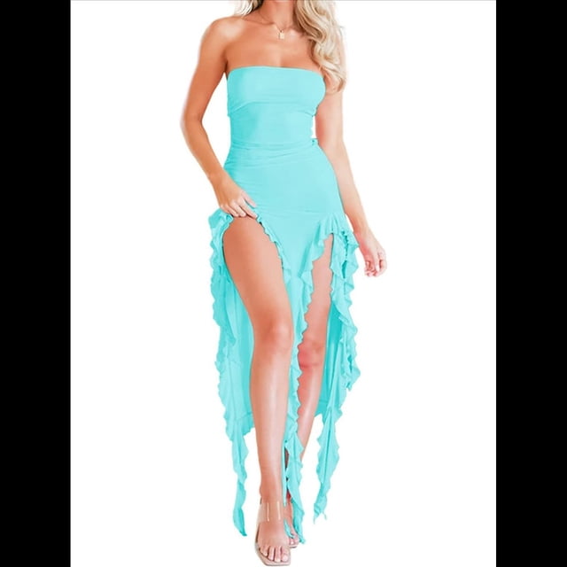 Vestido de Fiesta Elegante de Verano para Mujer, Sin Tirantes, Tubo, Midi, Ajustado, con Volantes Irregulares y Borlas Azul S