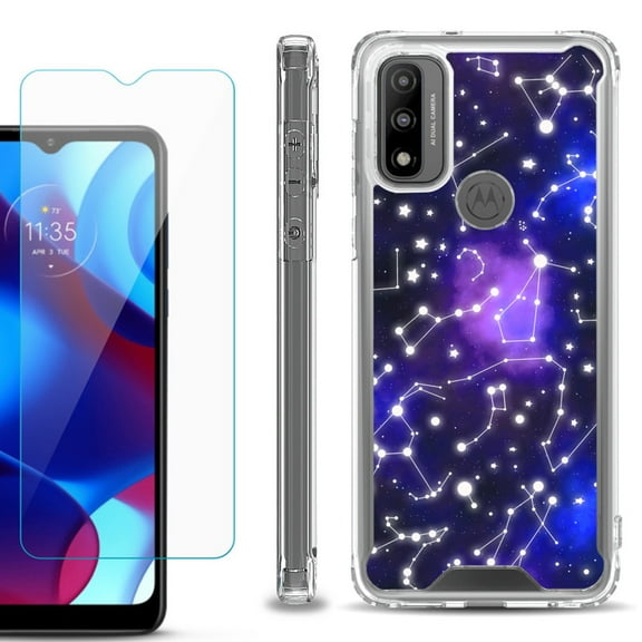 Shockproof Bumper Phone Case for Motorola Moto G Pure, with Tempered Glass Screen Protector, by OneToughShield ® - Constellations