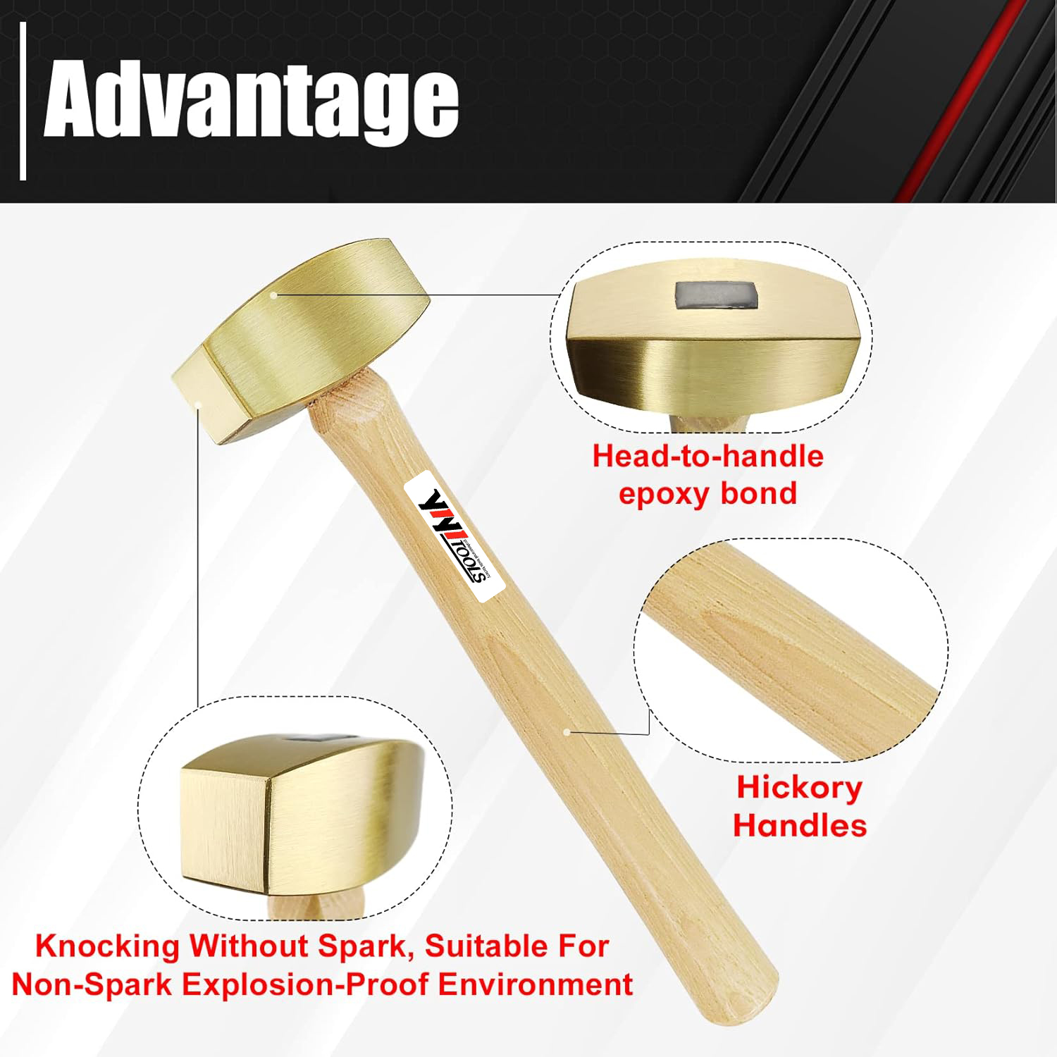 YIYITOOLS 2lb Solid Brass Non-Sparking Mallet Hammer, Hickory Wood Handle