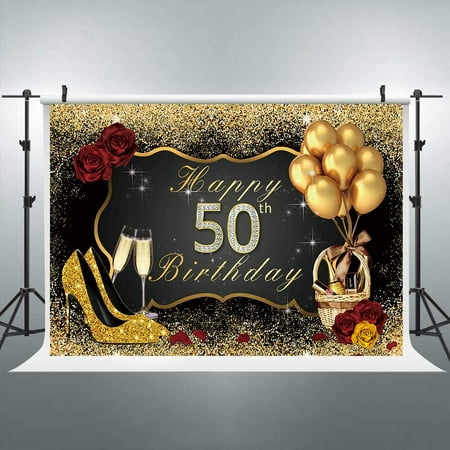 Image of 50th Happy Birthday Backdrop for Women 8x6 Feet Black Gold High Heels Champagne Female Birthday Party