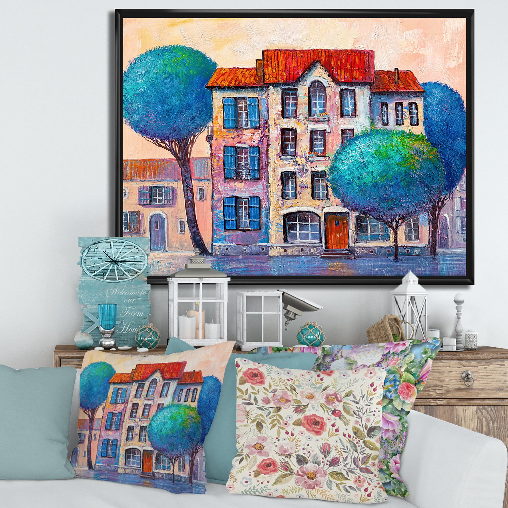 Designart 'Colorful Autumn Trees and A House With Red Roof' Modern Framed Canvas Wall Art Print